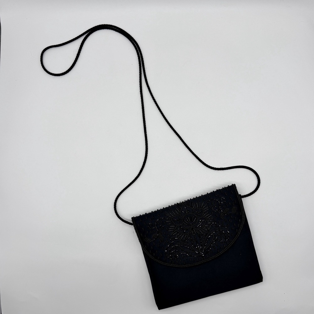 Vintage Black Beaded Floral Evening Crossbody Purse Shoulder Bag 7" x 8"